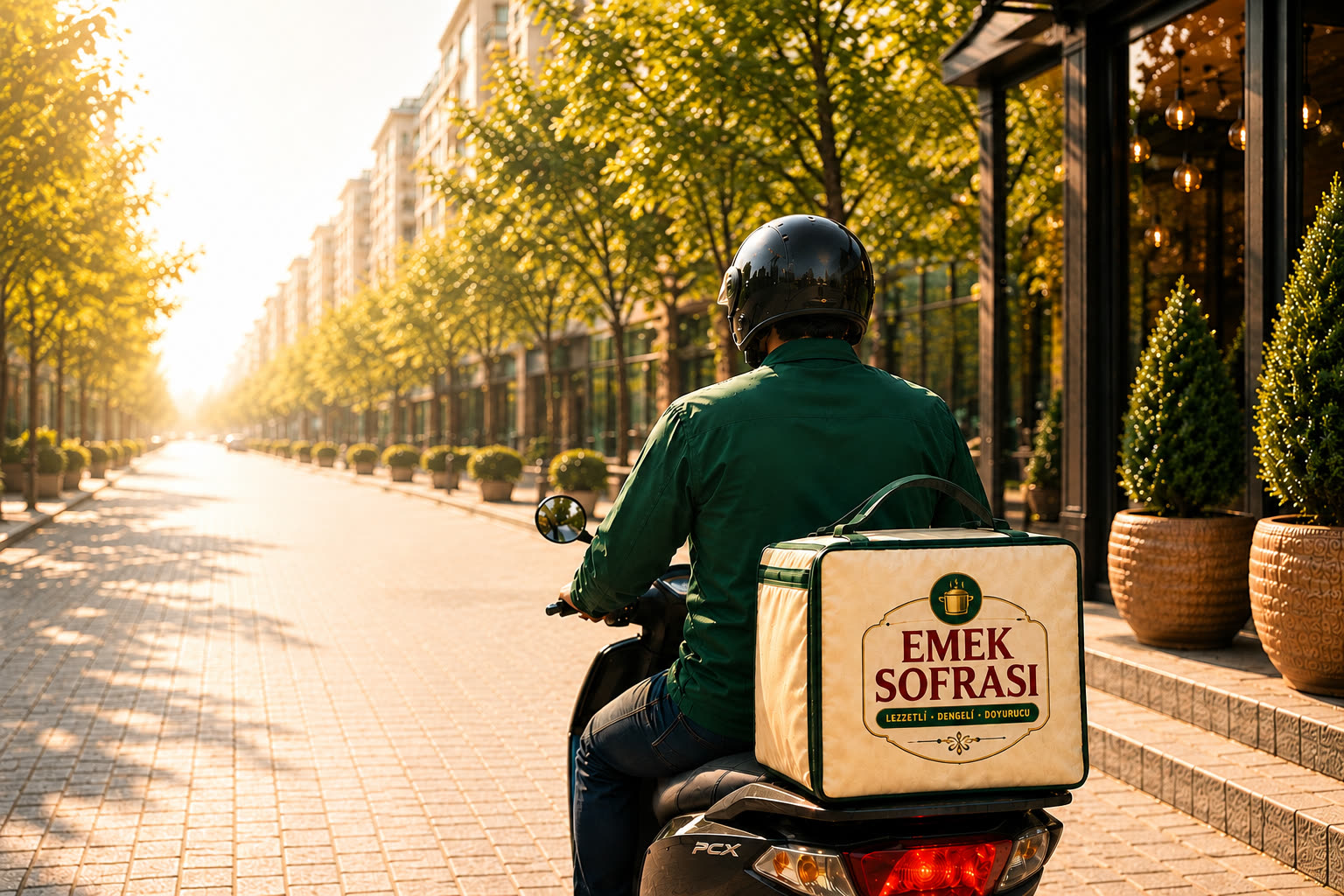 Emek Sofrası kuryesi, üzerinde Emek Sofrası logolu teslimat çantasıyla scooter üzerinde
